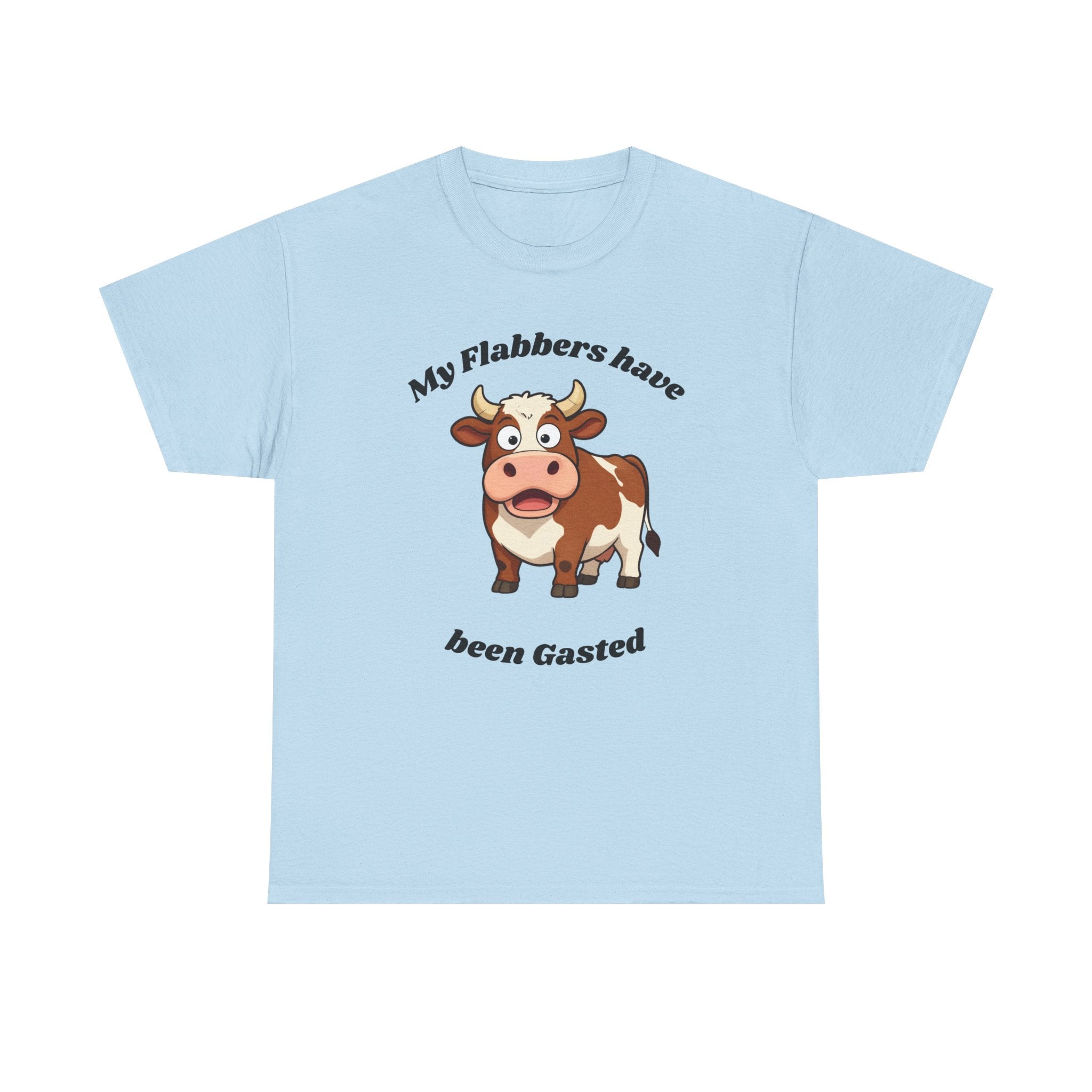 Cow Cartoon Tee — "My Flabbers Have Been Gasted" Funny Farm Animal Shirt