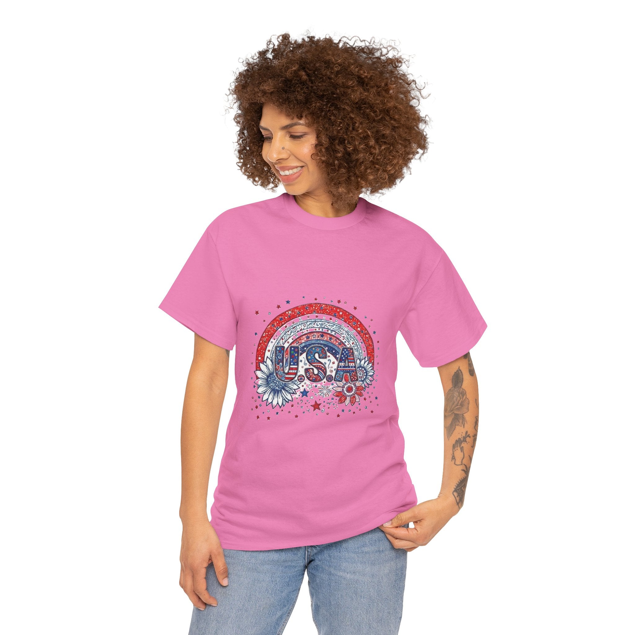 USA Retro Rainbow T-Shirt — Patriotic Fourth of July Tee with Stars & Flowers