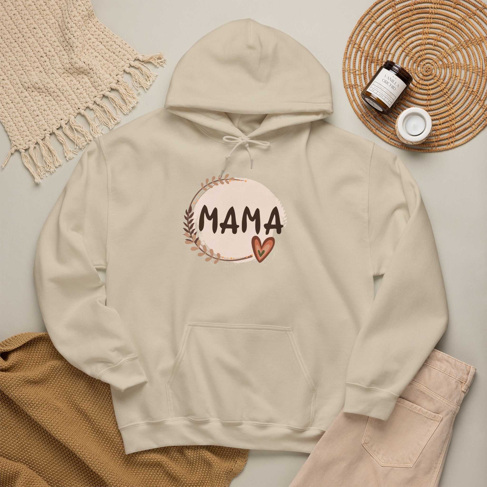 Mama Heart Hoodie — Soft Neutral Mom Sweatshirt, 'MAMA' Script with Heart & Wreath (Mother’s Day Gift)