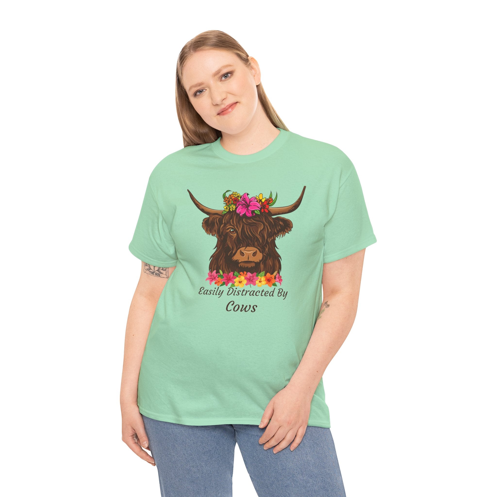 Highland Cow Floral Tee — "Easily Distracted by Cows" Cute Cow Graphic T-Shirt