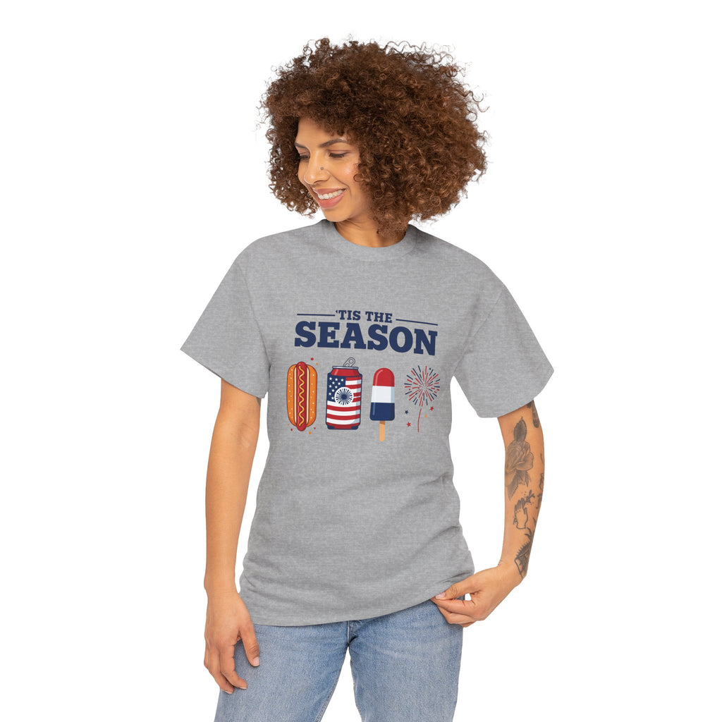 Fourth of July Tee — "'Tis the Season" Patriotic Hot Dog, Popsicle & Fireworks T-Shirt