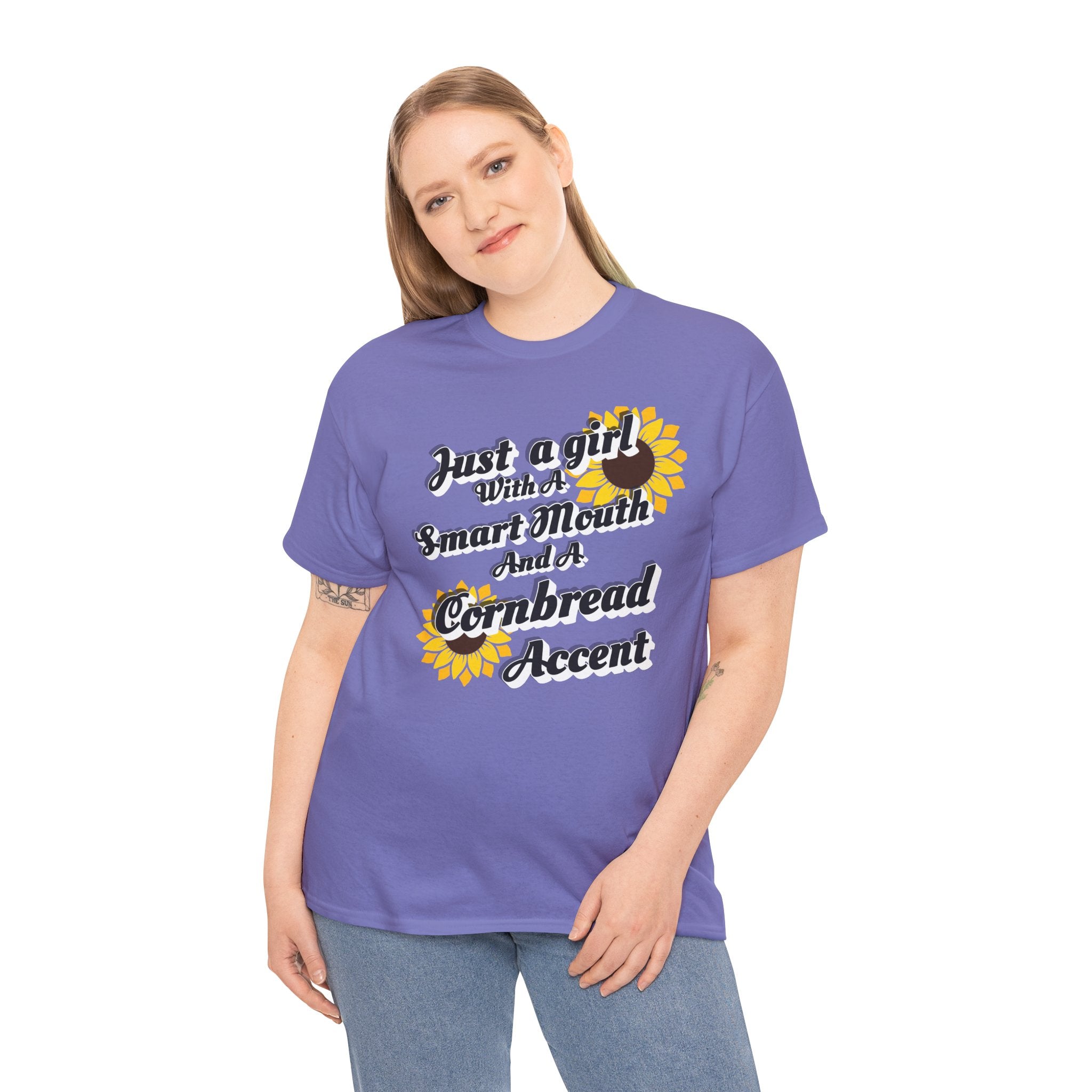 Cornbread Accent T-Shirt – "Just a Girl with a Smart Mouth and a Cornbread Accent" Sunflower Graphic