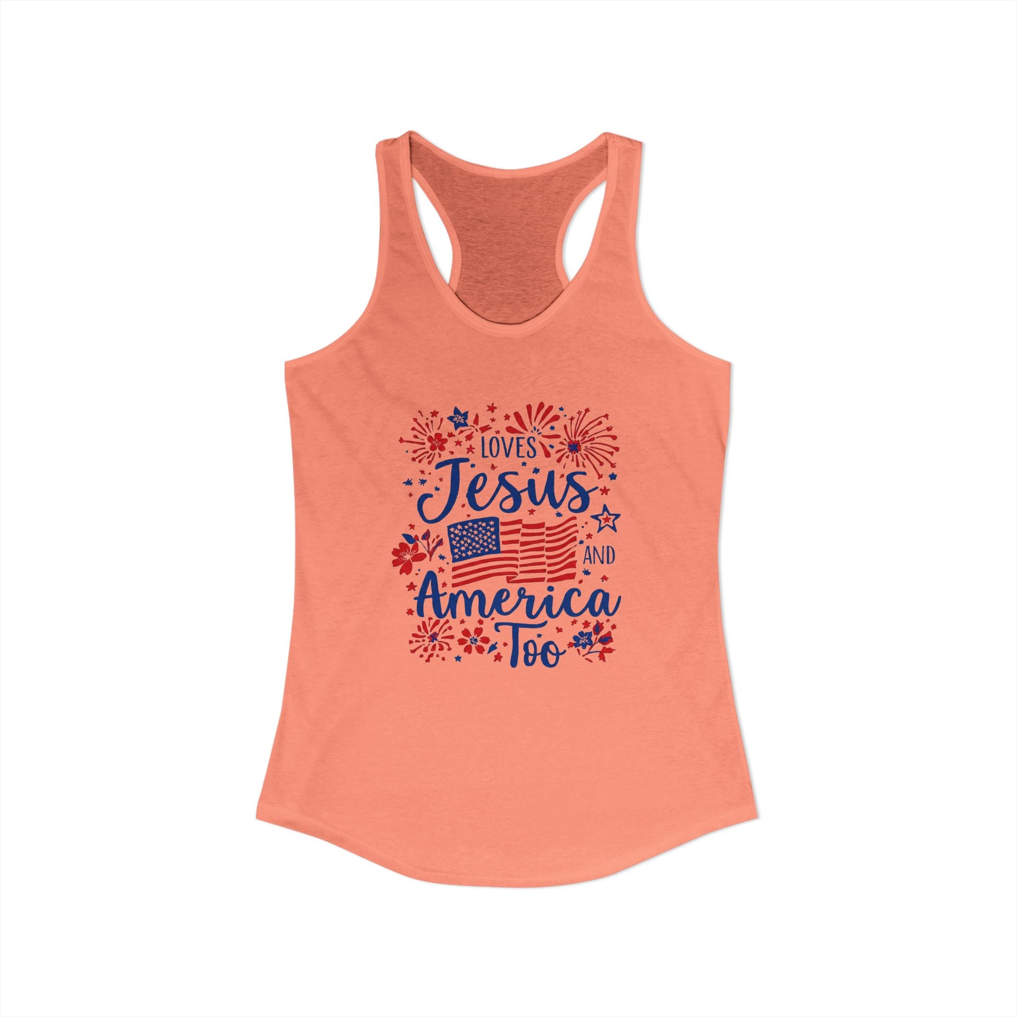 Loves Jesus and America Too Racerback Tank — Patriotic Christian Women's Tank