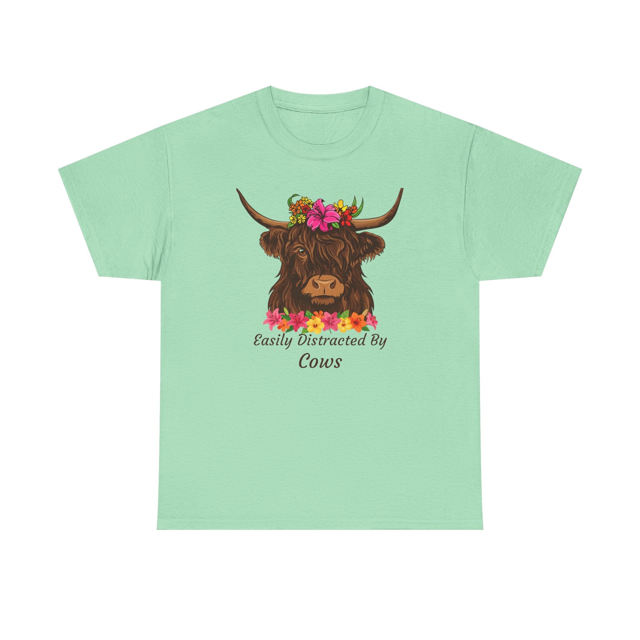 Highland Cow Floral Tee — "Easily Distracted by Cows" Cute Cow Graphic T-Shirt