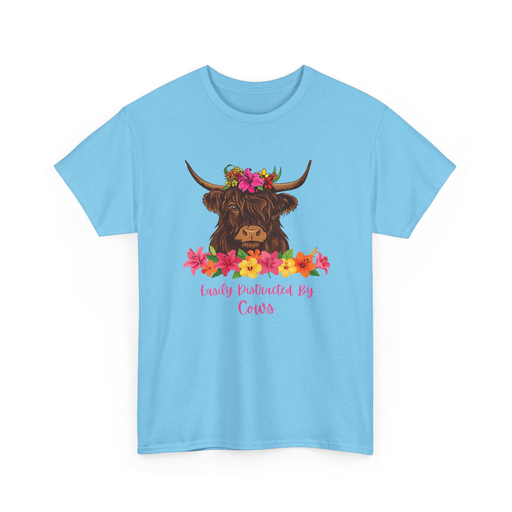 Cow Mom Floral Tee — 'Easily Distracted By Cows' Highland Cow Graphic Shirt