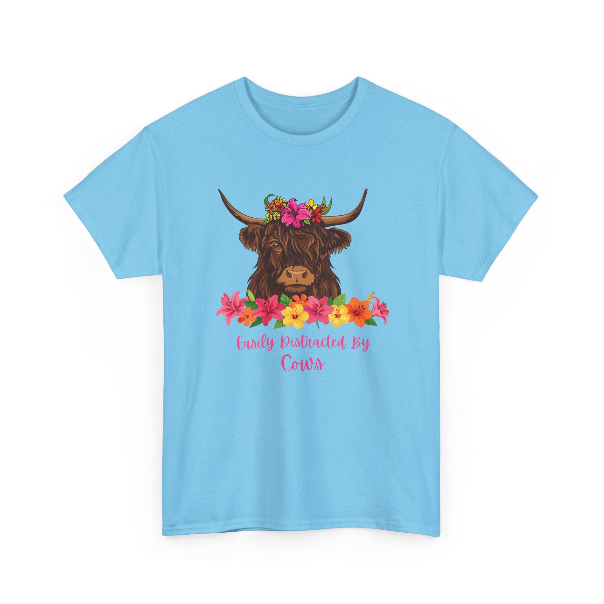 Cow Mom Floral Tee — 'Easily Distracted By Cows' Highland Cow Graphic Shirt