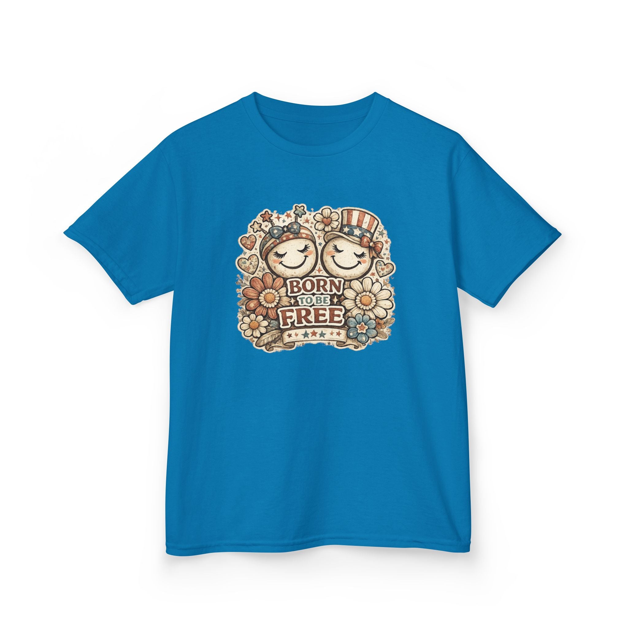 Kids T-Shirt – 'Born Free' Retro Smiley Flower Graphic