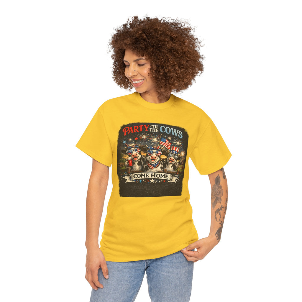 Independence Day 'Party 'Til the Cows Come Home' T-Shirt — Fireworks & Cow Graphic