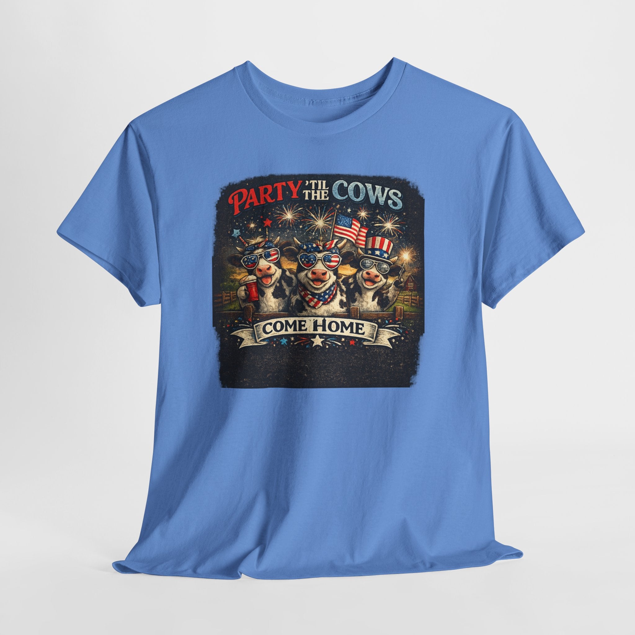 Independence Day 'Party 'Til the Cows Come Home' T-Shirt — Fireworks & Cow Graphic