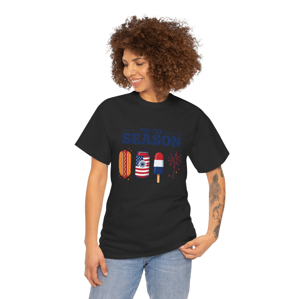 Fourth of July Tee — "'Tis the Season" Patriotic Hot Dog, Popsicle & Fireworks T-Shirt