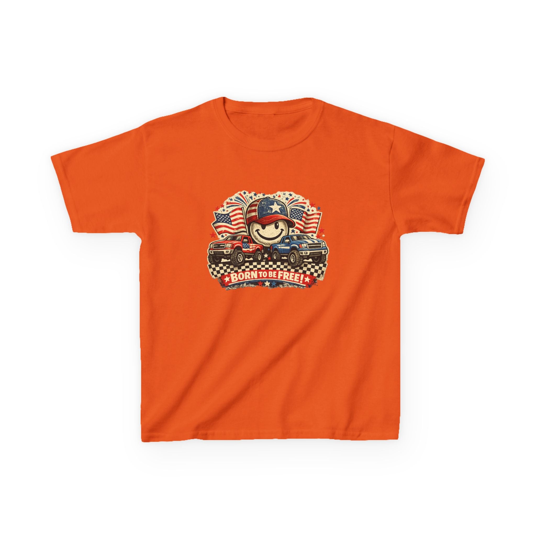 Kids Tee — Patriotic "Born to Be Free" Smiley Flag Design