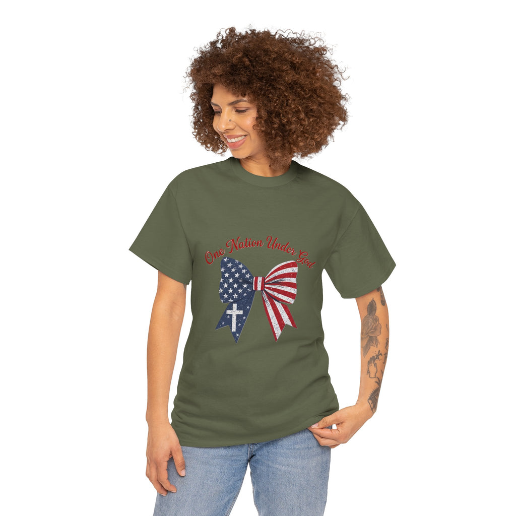Patriotic Bow Tee — "One Nation Under God" American Flag Cross T-Shirt