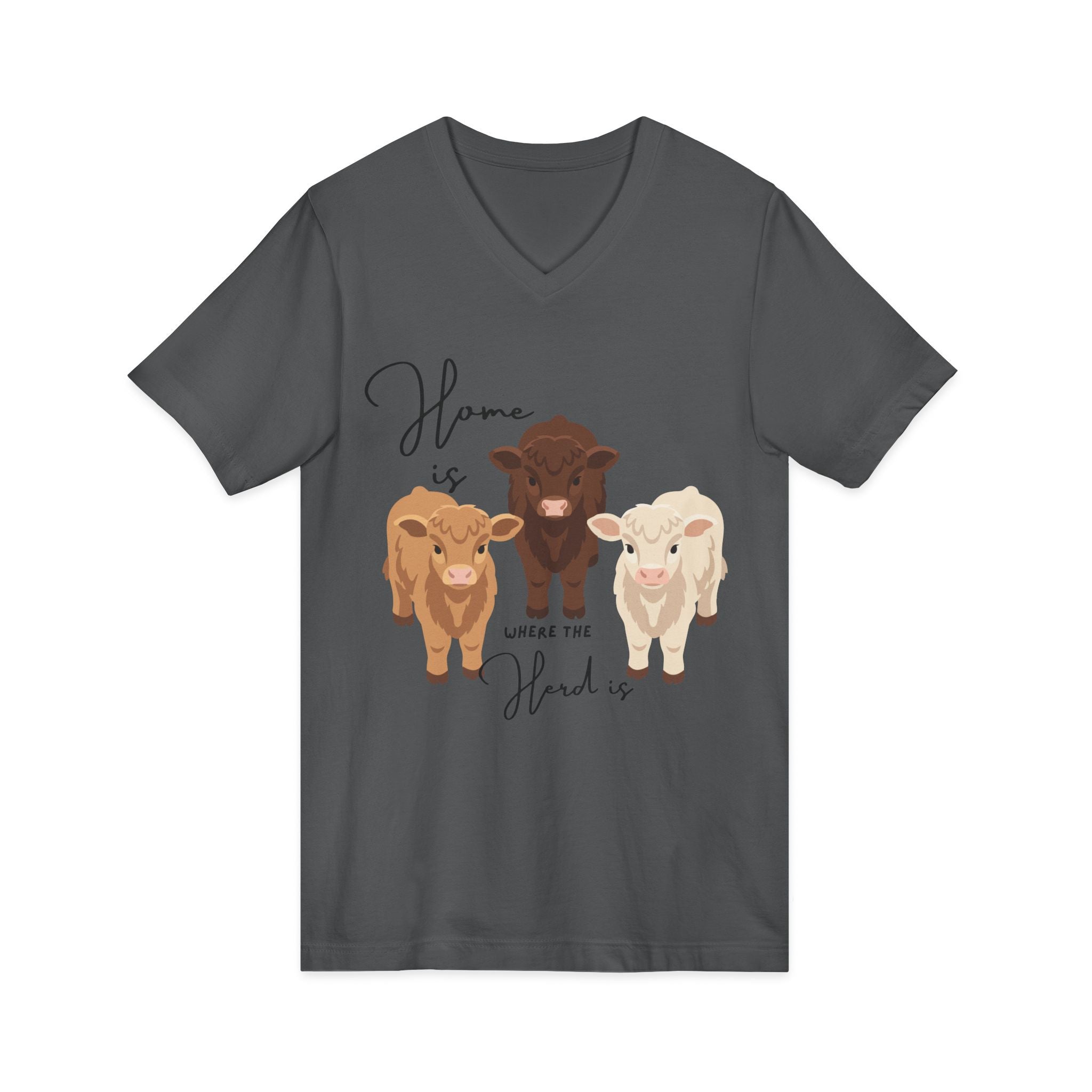 Cow Trio V-Neck Tee — "Home is Where the Herd Is" Cute Farm Animal Shirt
