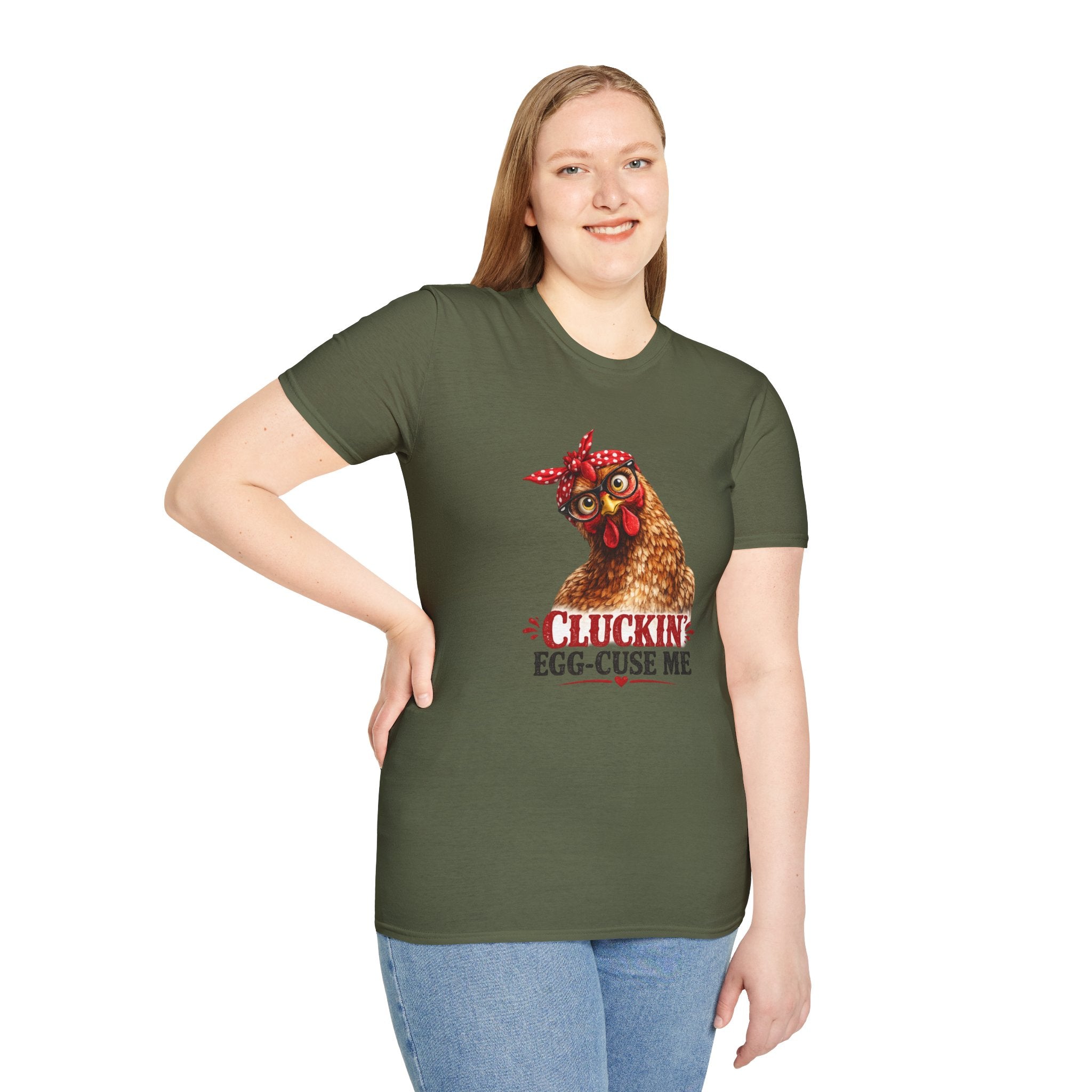 Chicken Graphic T-Shirt — “Cluckin’ Egg-Cuse Me” Vintage Hen Tee