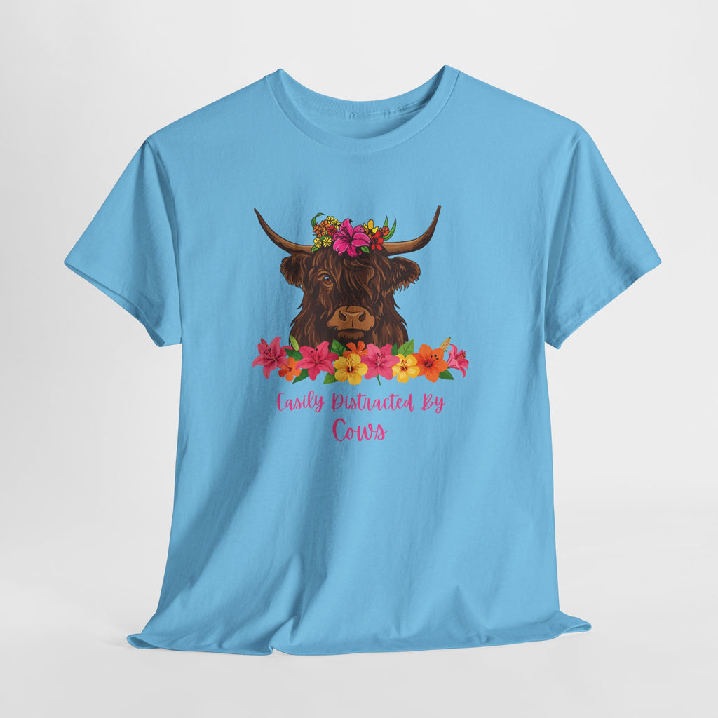 Cow Mom Floral Tee — 'Easily Distracted By Cows' Highland Cow Graphic Shirt