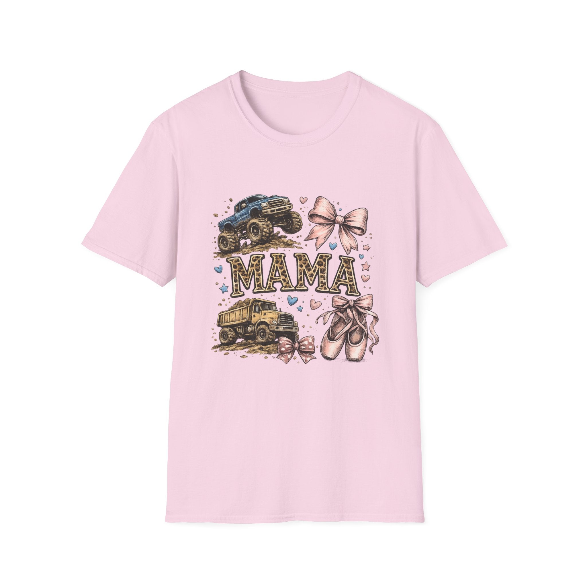 Mama Jeep & Ballet Shoes T-Shirt — 'MAMA' Graphic Tee with Trucks, Bows & Ballet Slippers