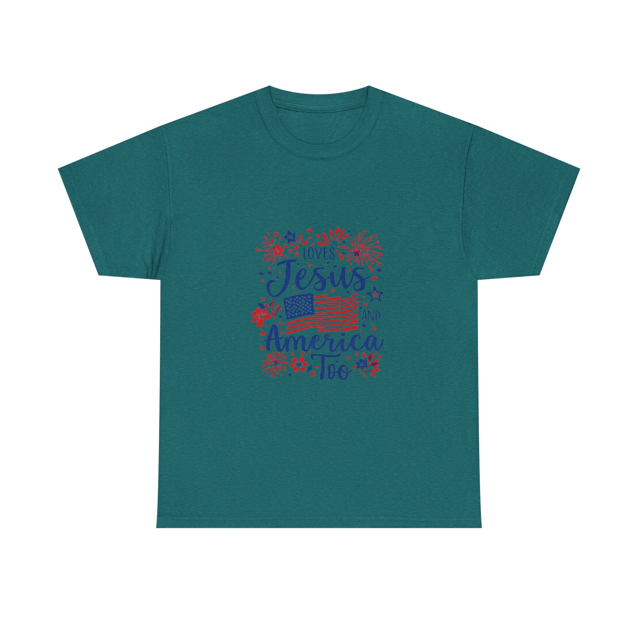 Jesus and America Tee — Patriotic Christian T-Shirt ("Loves Jesus and America Too")