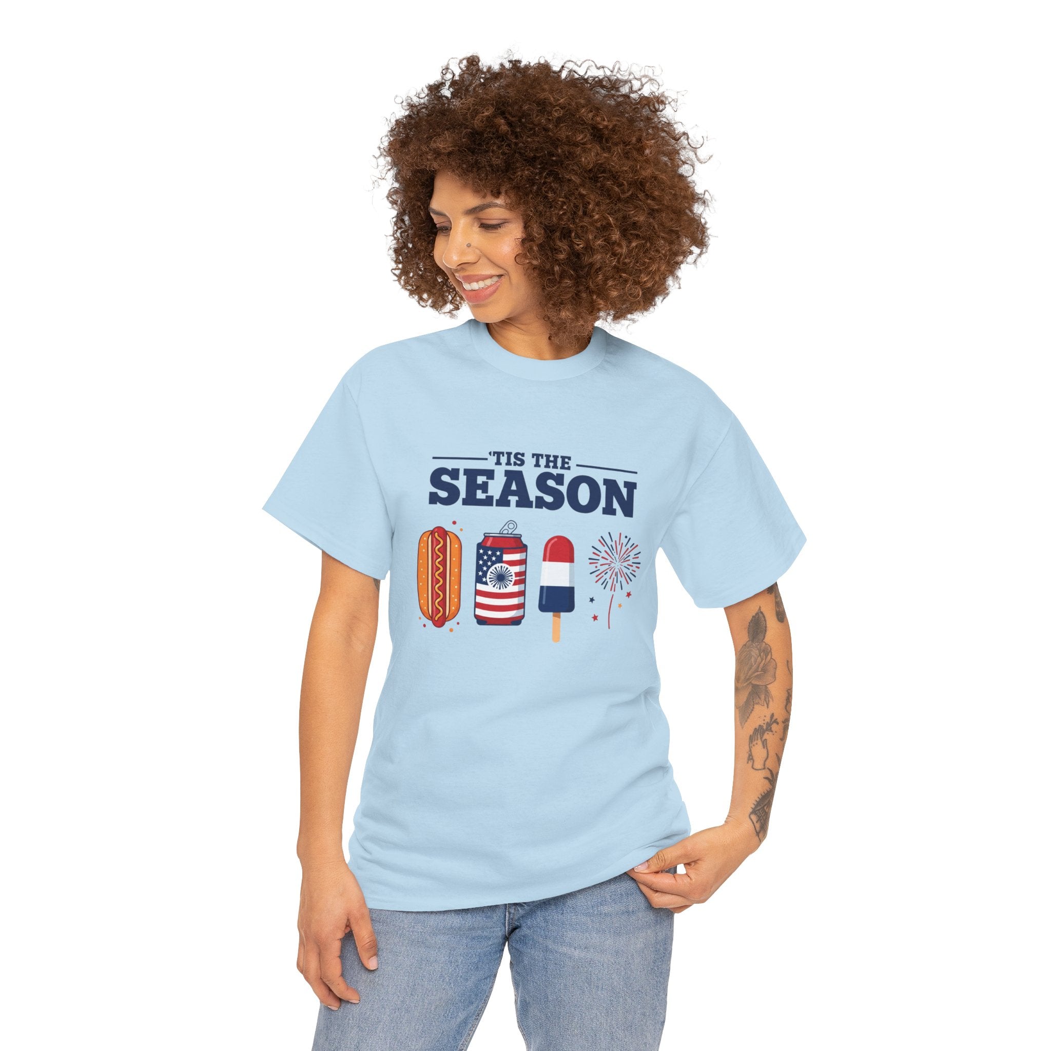 Fourth of July Tee — "'Tis the Season" Patriotic Hot Dog, Popsicle & Fireworks T-Shirt