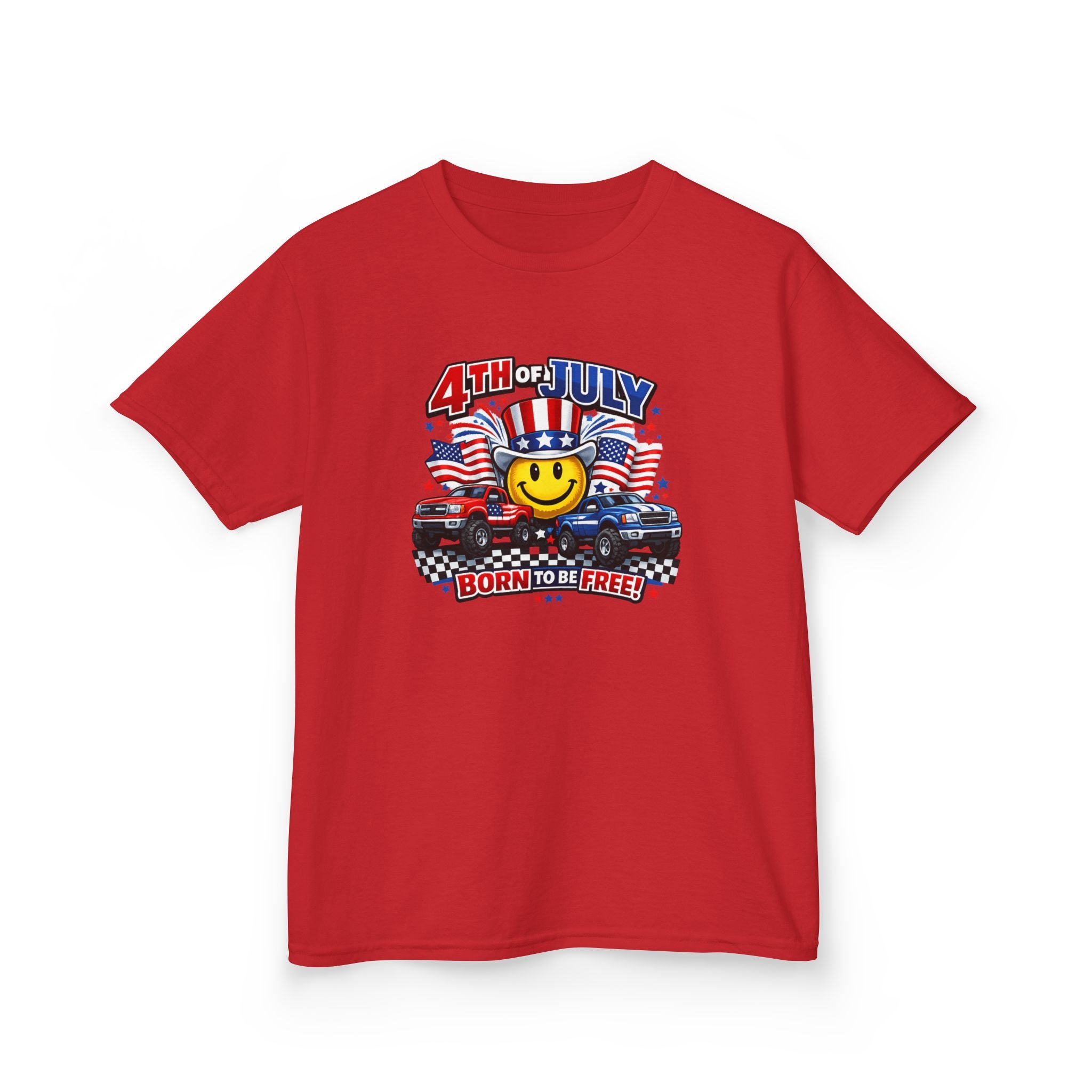Kids Tee — 4th of July 'Born to Be Free' Smiley Flag Design