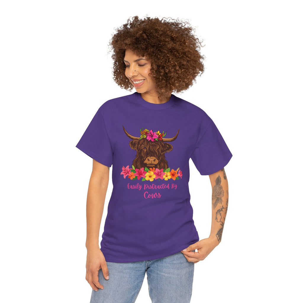 Cow Mom Floral Tee — 'Easily Distracted By Cows' Highland Cow Graphic Shirt