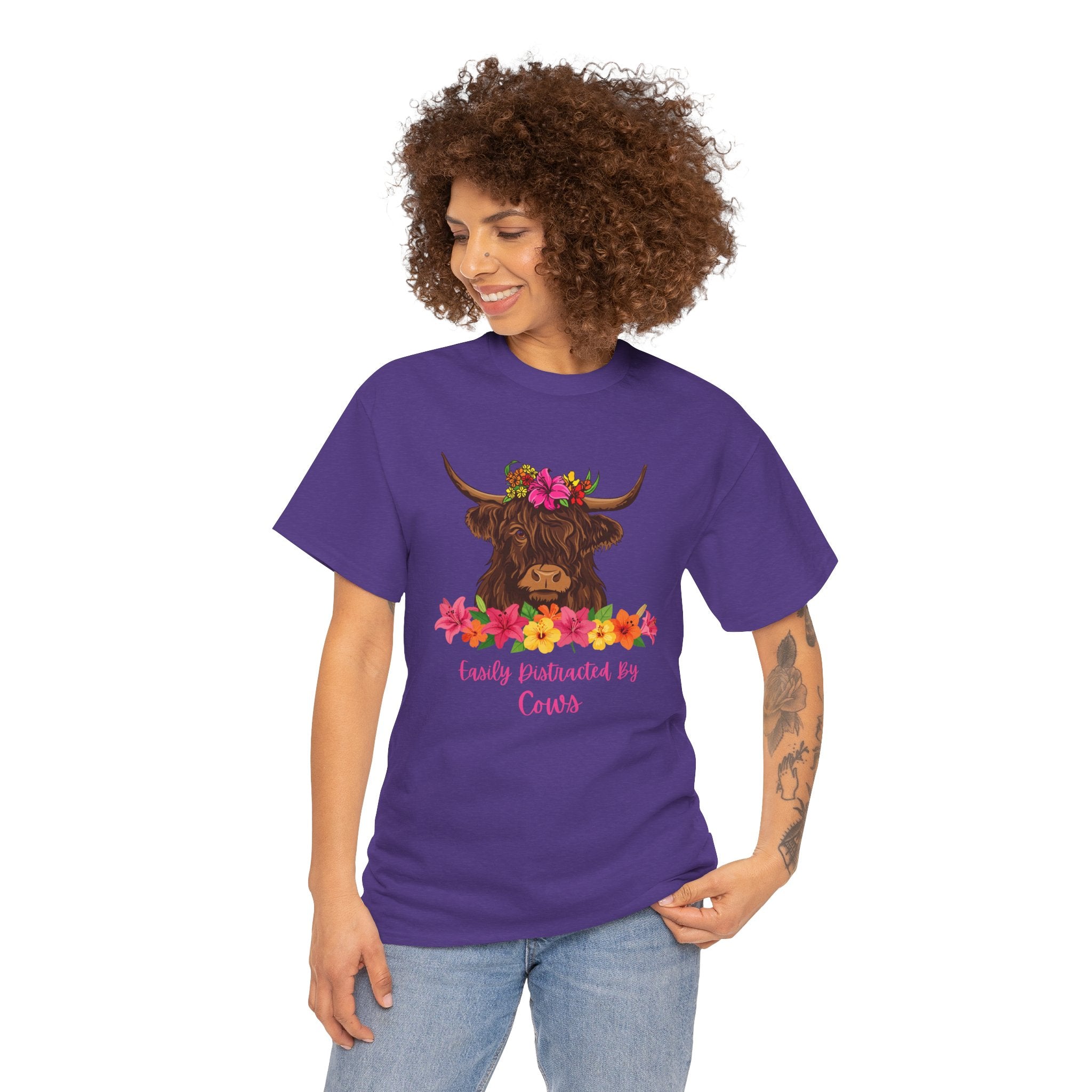 Cow Mom Floral Tee — 'Easily Distracted By Cows' Highland Cow Graphic Shirt