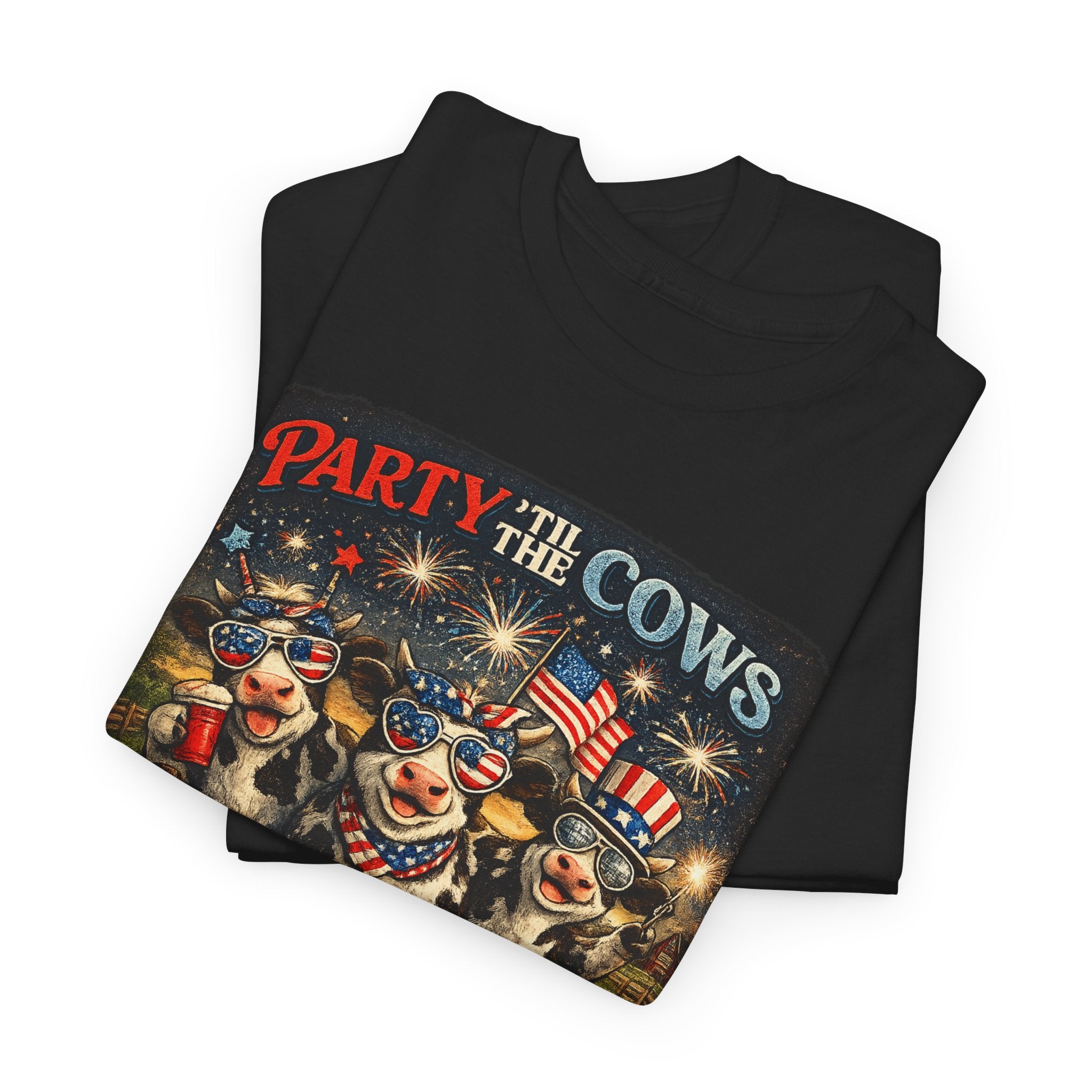 Independence Day 'Party 'Til the Cows Come Home' T-Shirt — Fireworks & Cow Graphic
