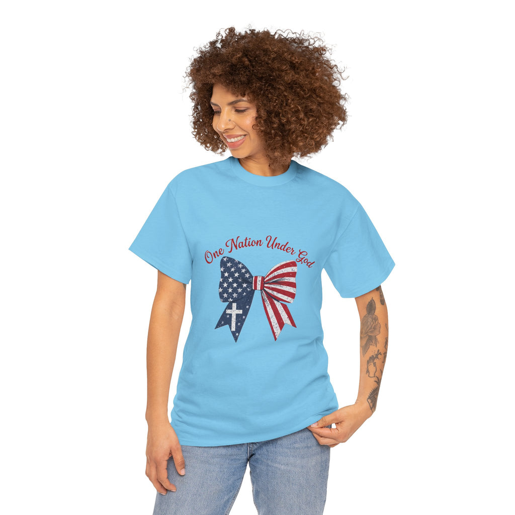 Patriotic Bow Tee — "One Nation Under God" American Flag Cross T-Shirt