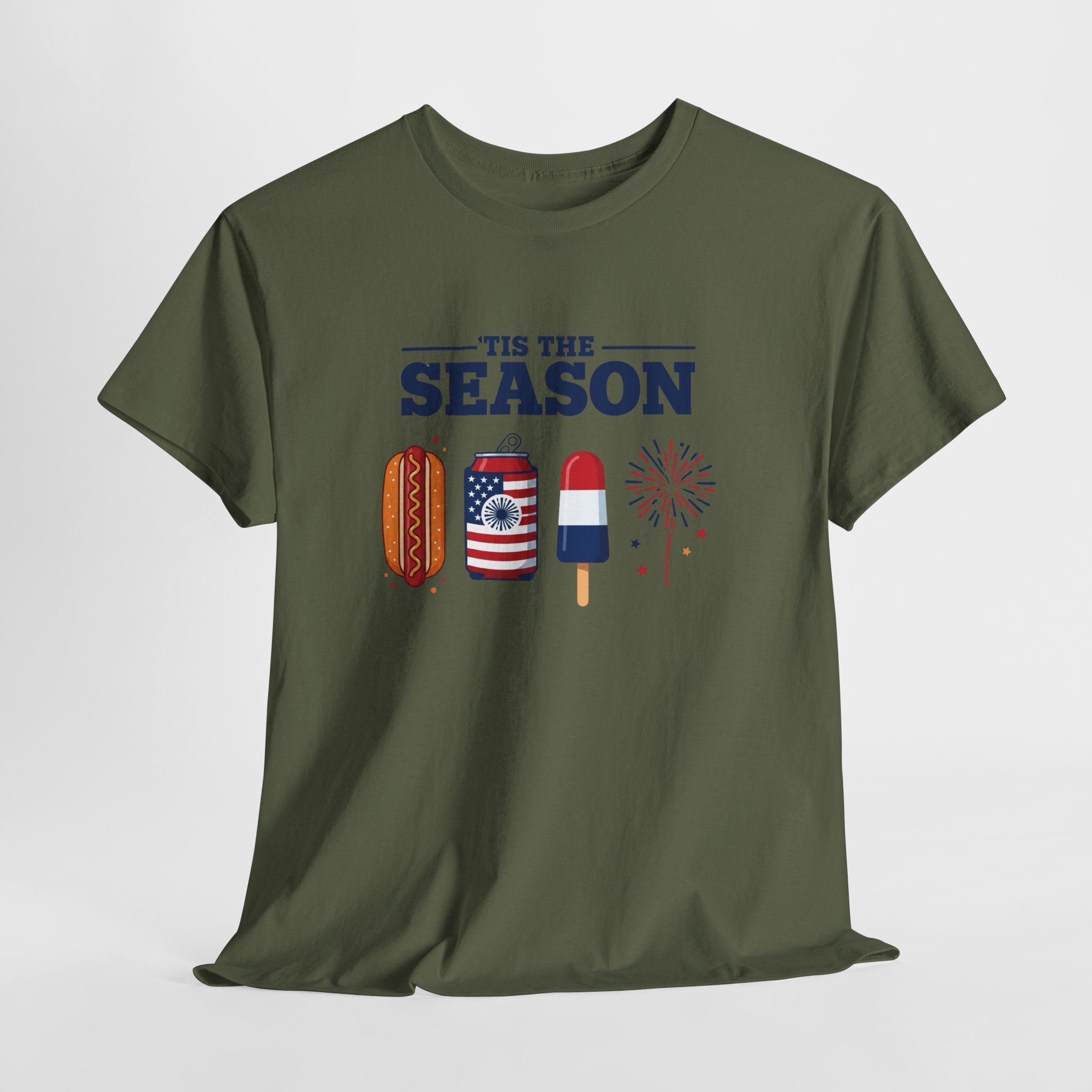 Fourth of July Tee — "'Tis the Season" Patriotic Hot Dog, Popsicle & Fireworks T-Shirt