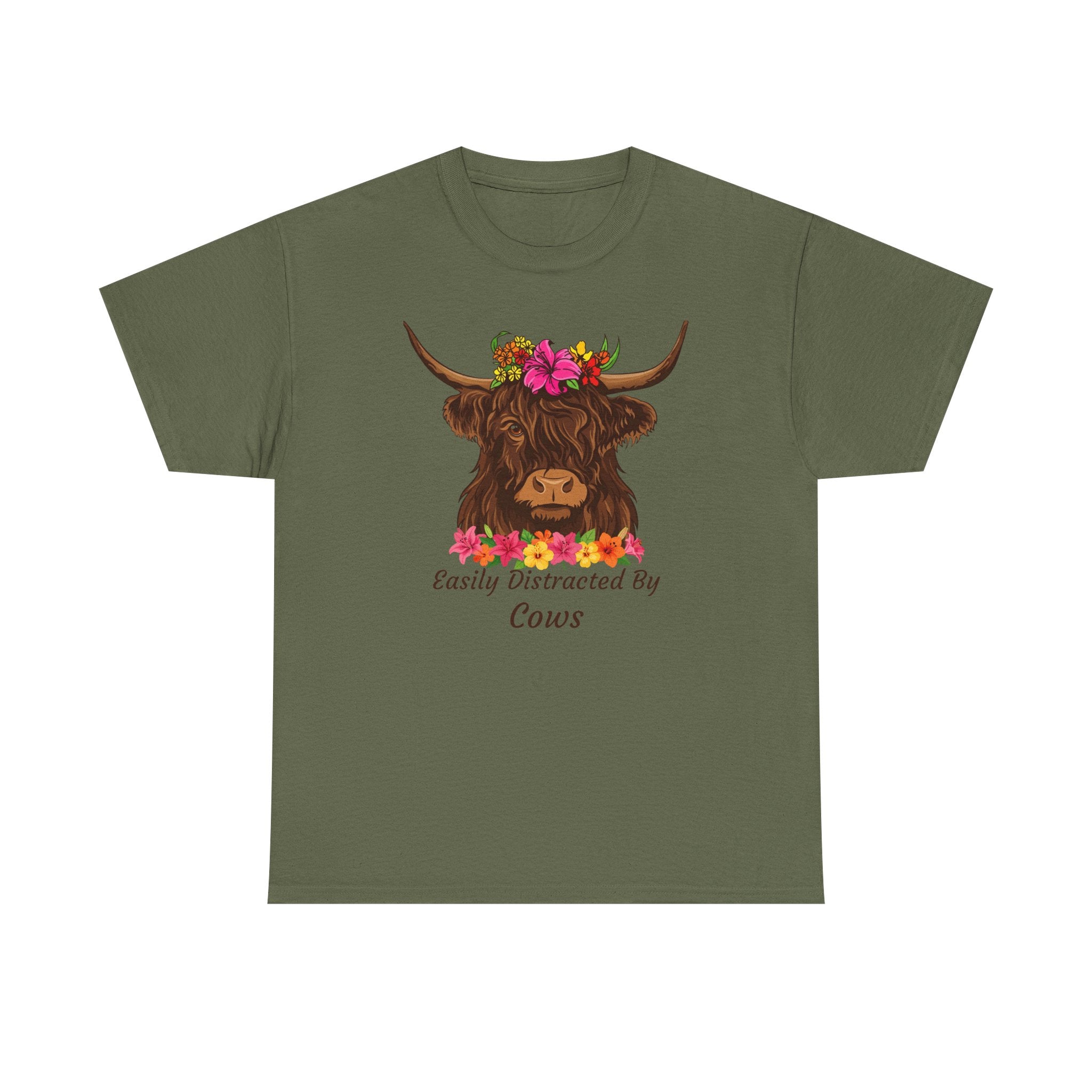 Highland Cow Floral Tee — "Easily Distracted by Cows" Cute Cow Graphic T-Shirt