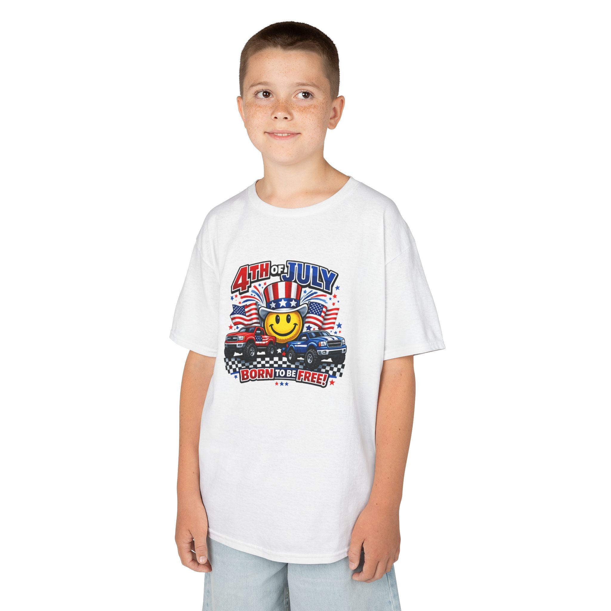 Kids Tee — 4th of July 'Born to Be Free' Smiley Flag Design