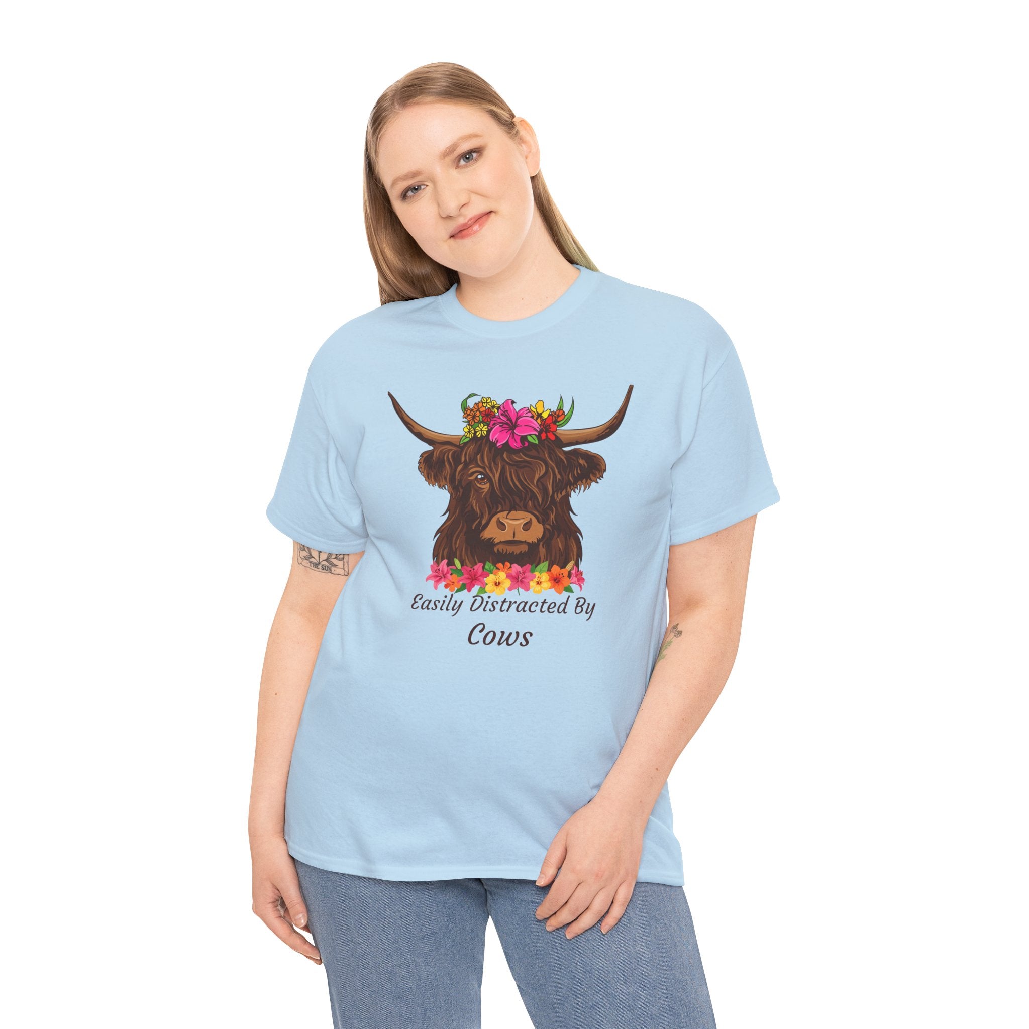 Highland Cow Floral Tee — "Easily Distracted by Cows" Cute Cow Graphic T-Shirt