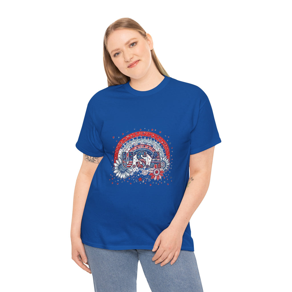 USA Retro Rainbow T-Shirt — Patriotic Fourth of July Tee with Stars & Flowers