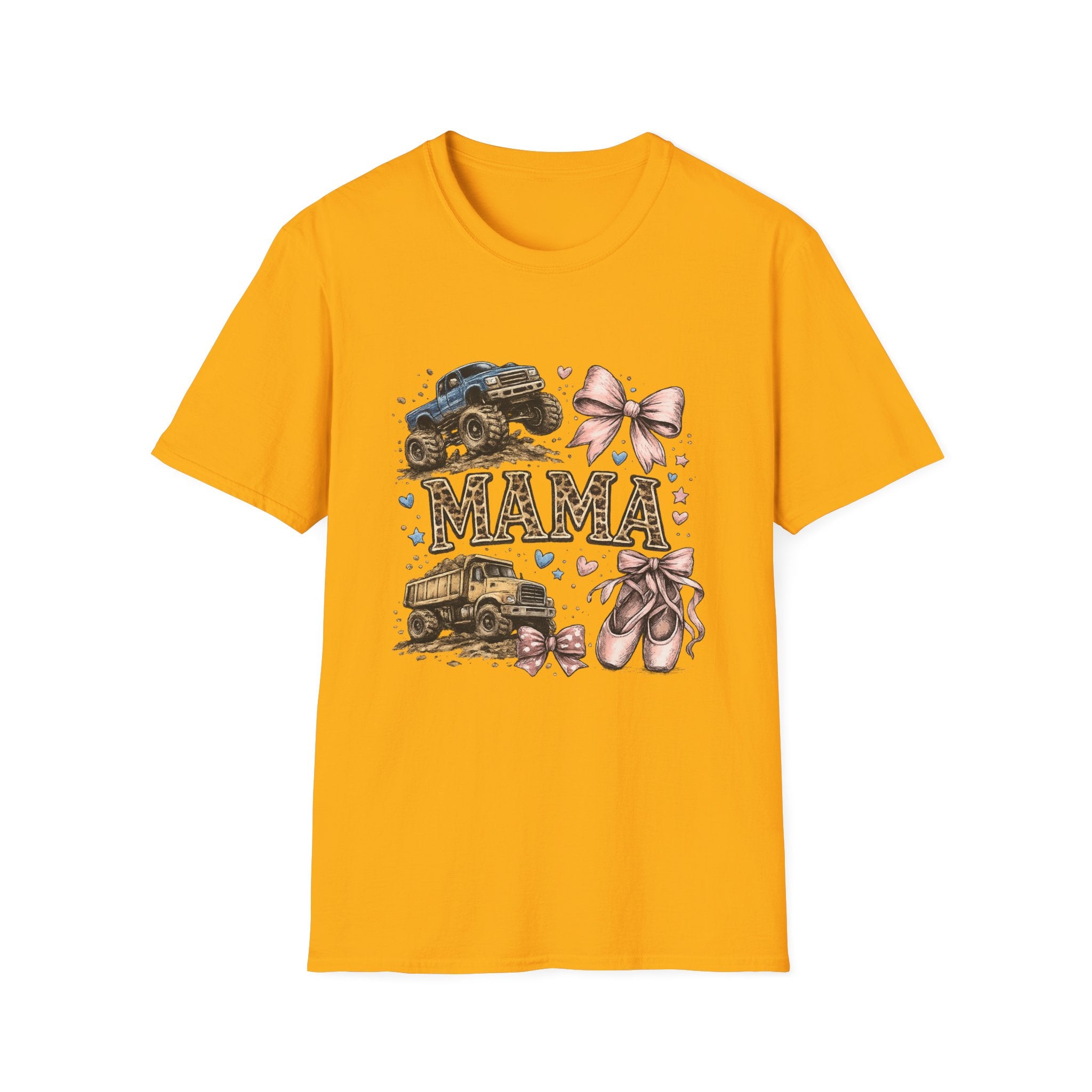 Mama Jeep & Ballet Shoes T-Shirt — 'MAMA' Graphic Tee with Trucks, Bows & Ballet Slippers