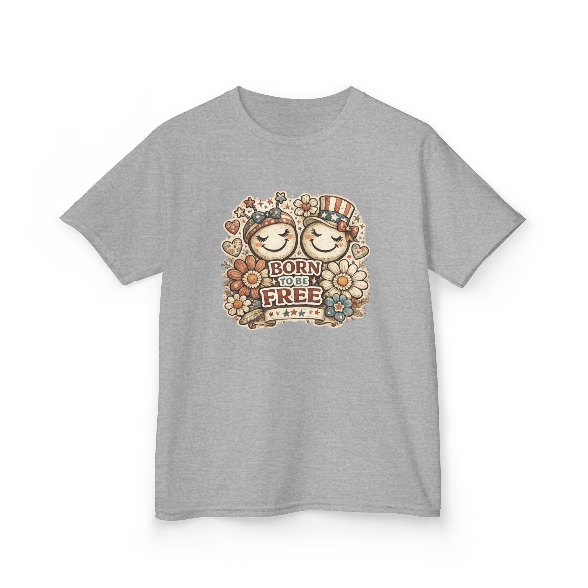Kids T-Shirt – 'Born Free' Retro Smiley Flower Graphic