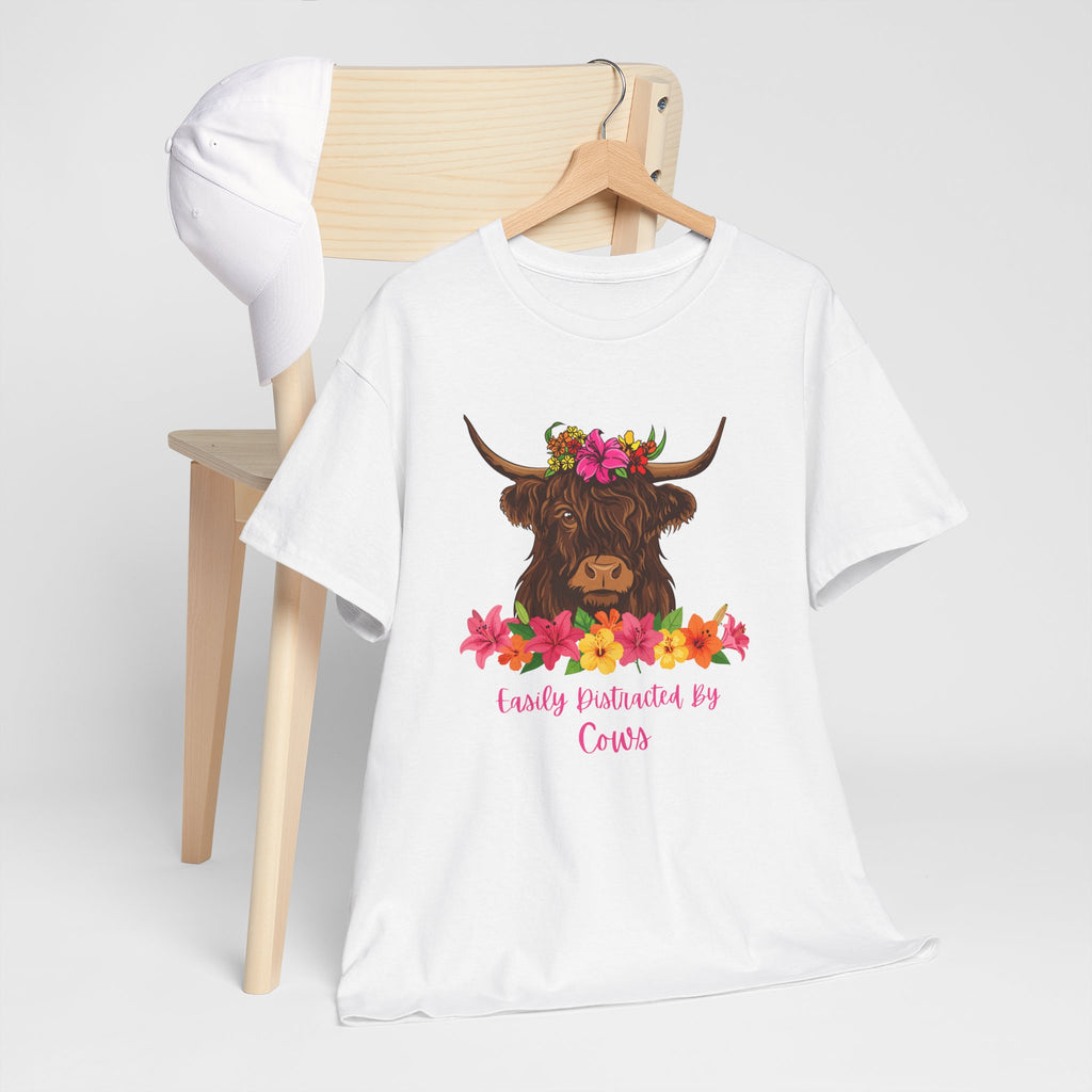 Cow Mom Floral Tee — 'Easily Distracted By Cows' Highland Cow Graphic Shirt