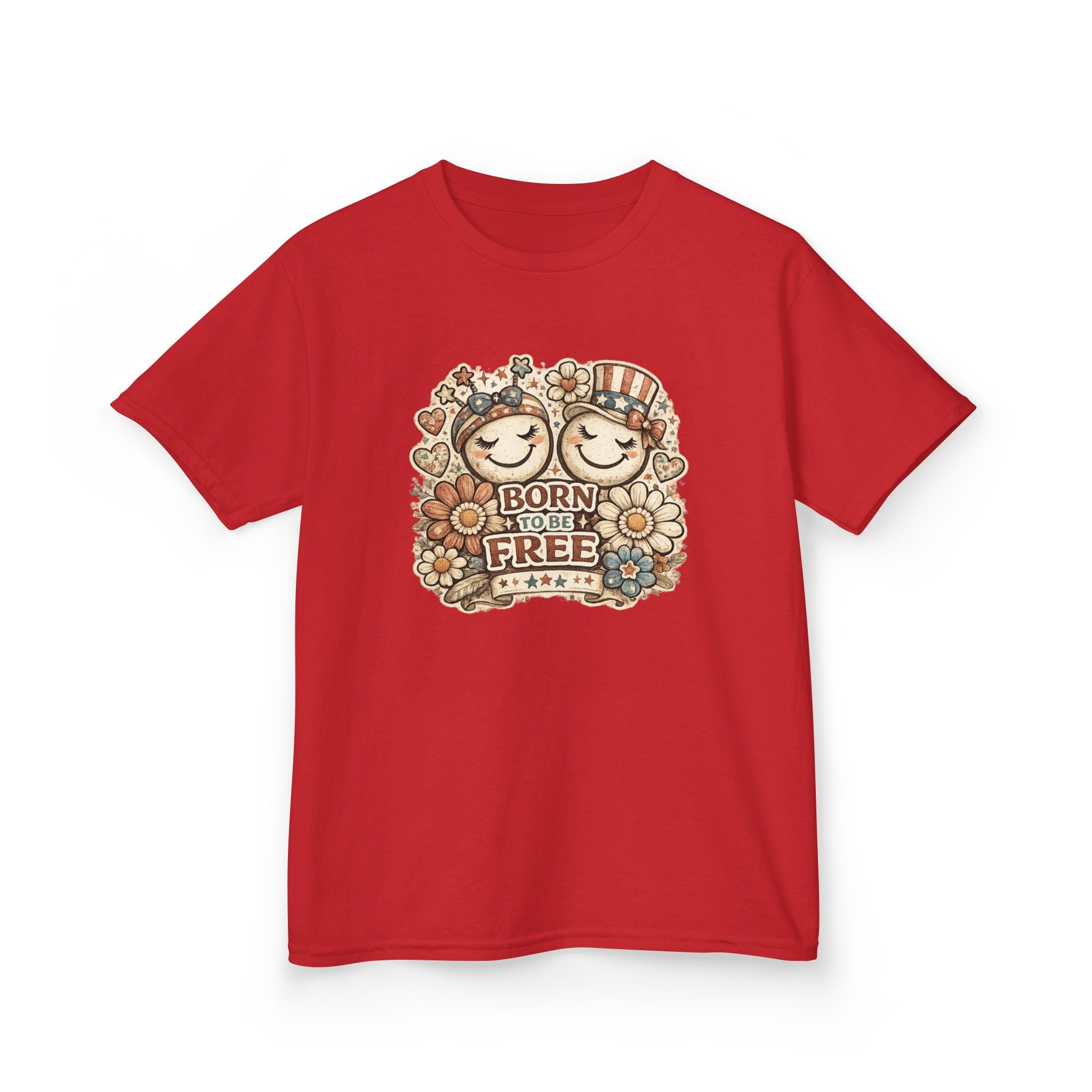 Kids T-Shirt – 'Born Free' Retro Smiley Flower Graphic