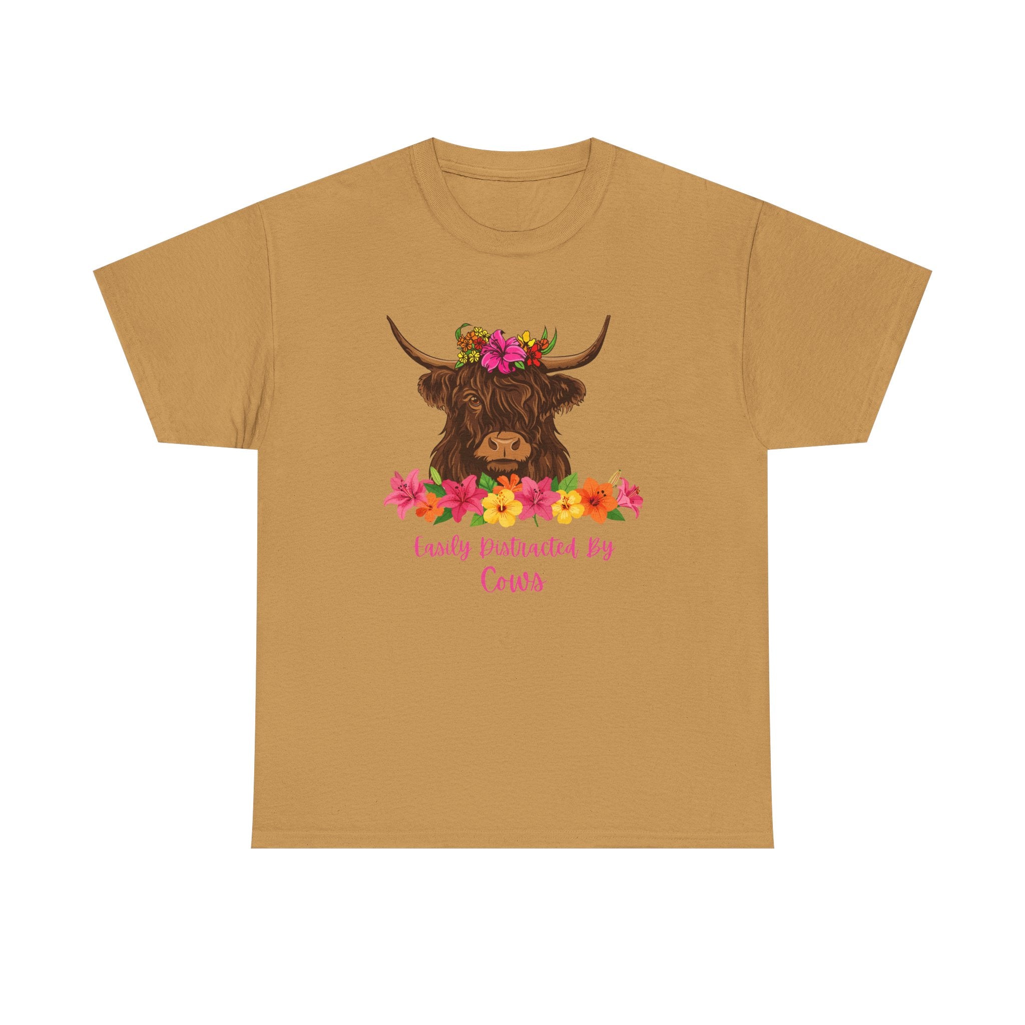 Cow Mom Floral Tee — 'Easily Distracted By Cows' Highland Cow Graphic Shirt