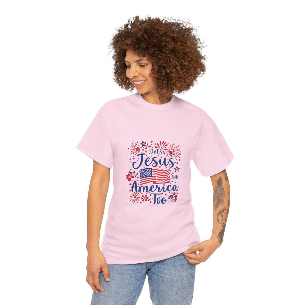 Jesus and America Tee — Patriotic Christian T-Shirt ("Loves Jesus and America Too")