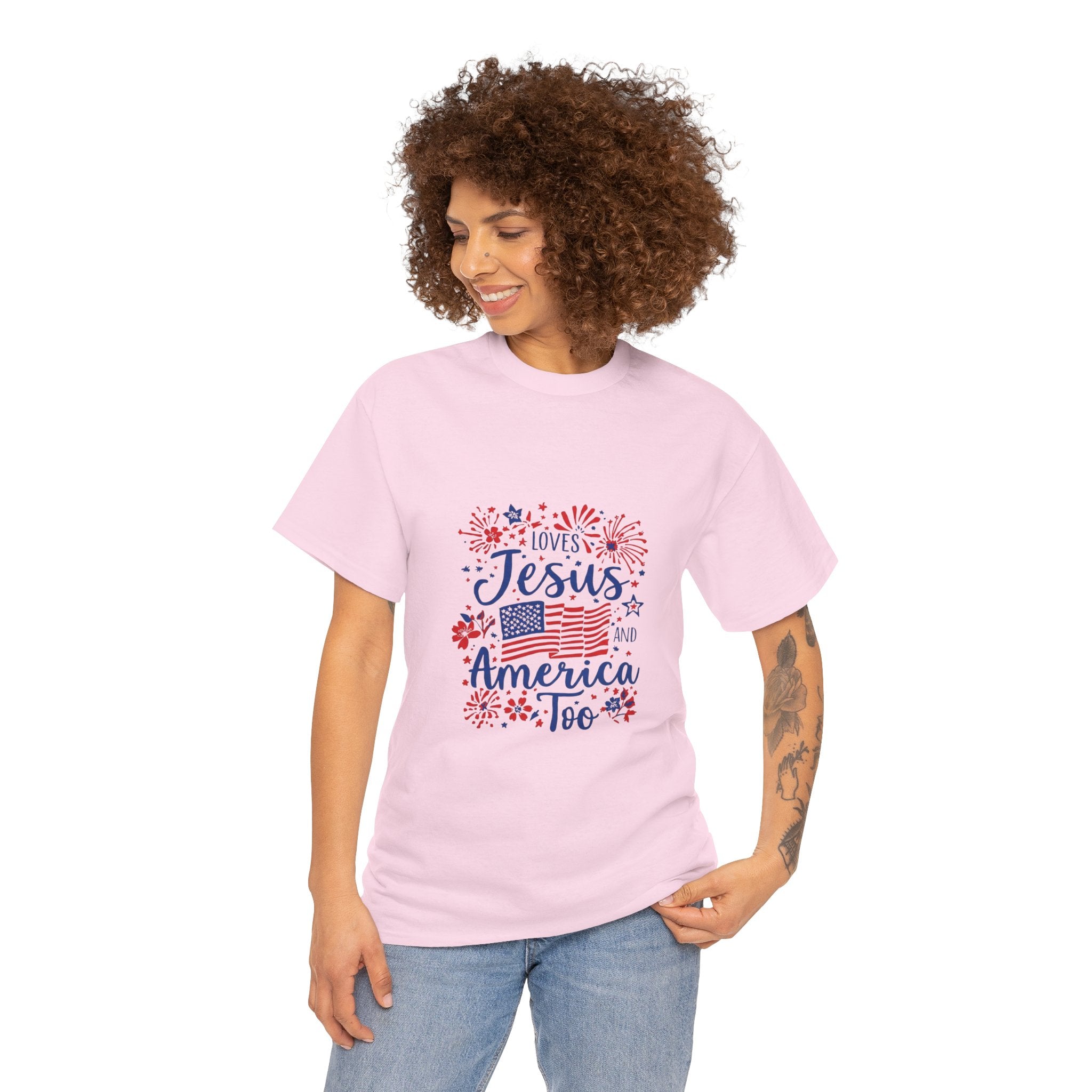 Jesus and America Tee — Patriotic Christian T-Shirt ("Loves Jesus and America Too")