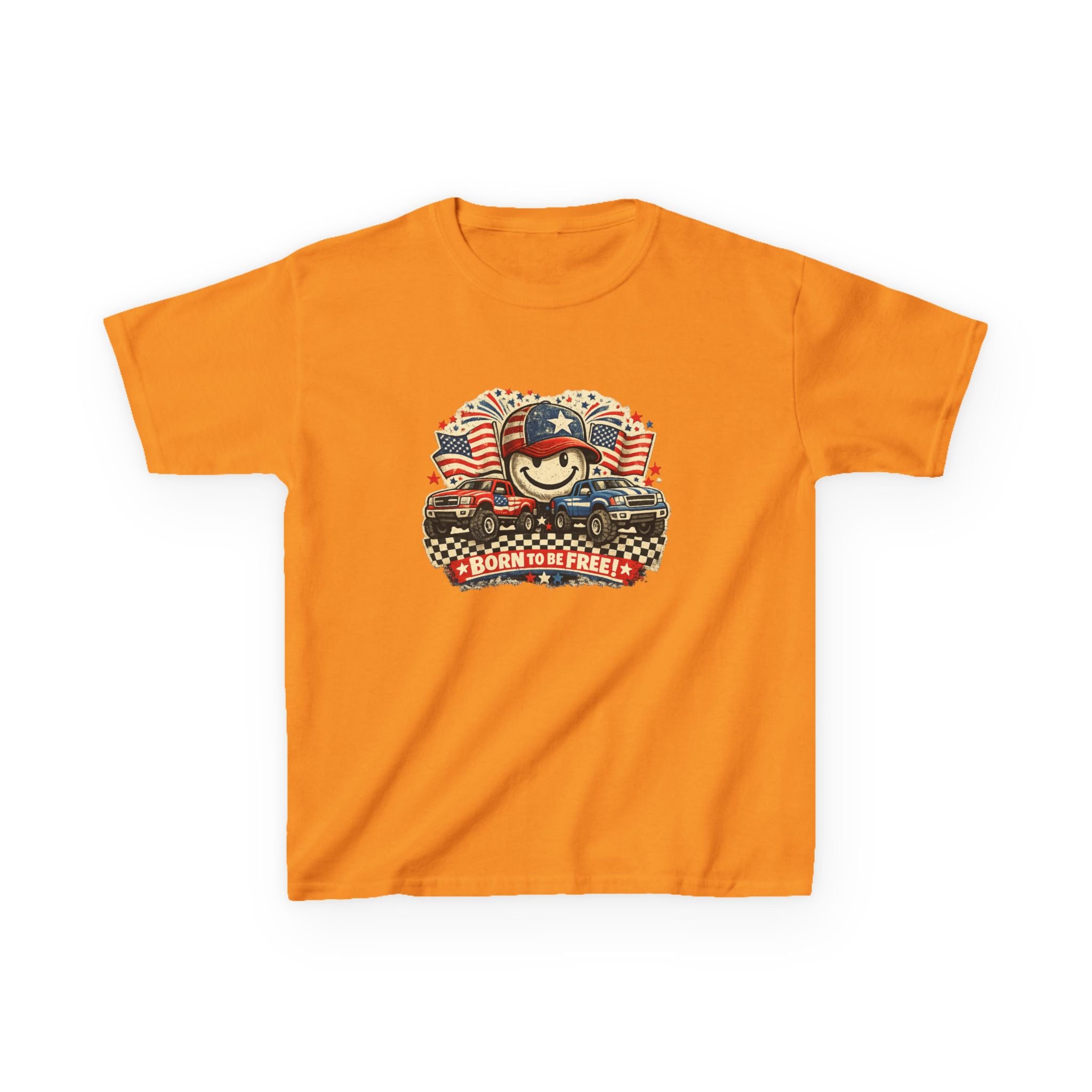 Kids Tee — Patriotic "Born to Be Free" Smiley Flag Design