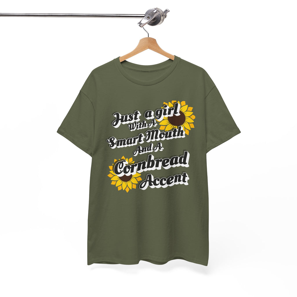 Cornbread Accent T-Shirt – "Just a Girl with a Smart Mouth and a Cornbread Accent" Sunflower Graphic