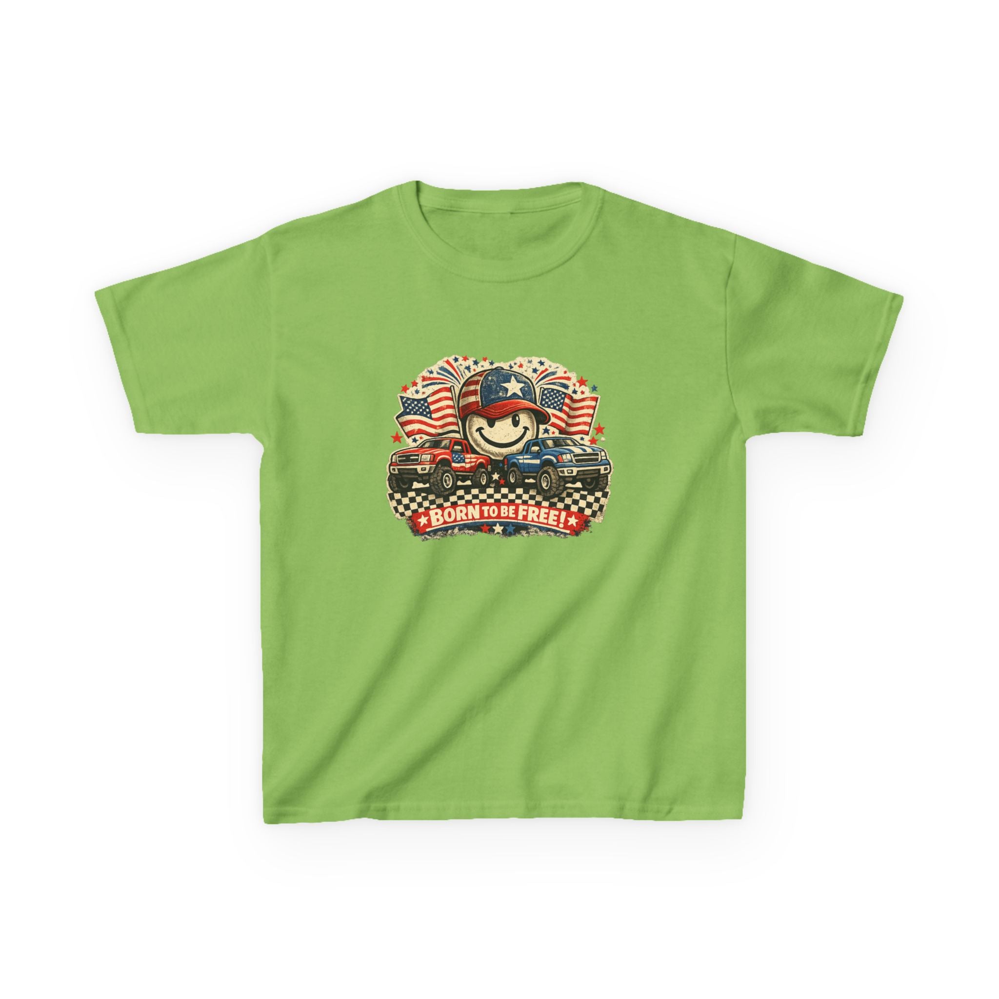 Kids Tee — Patriotic "Born to Be Free" Smiley Flag Design