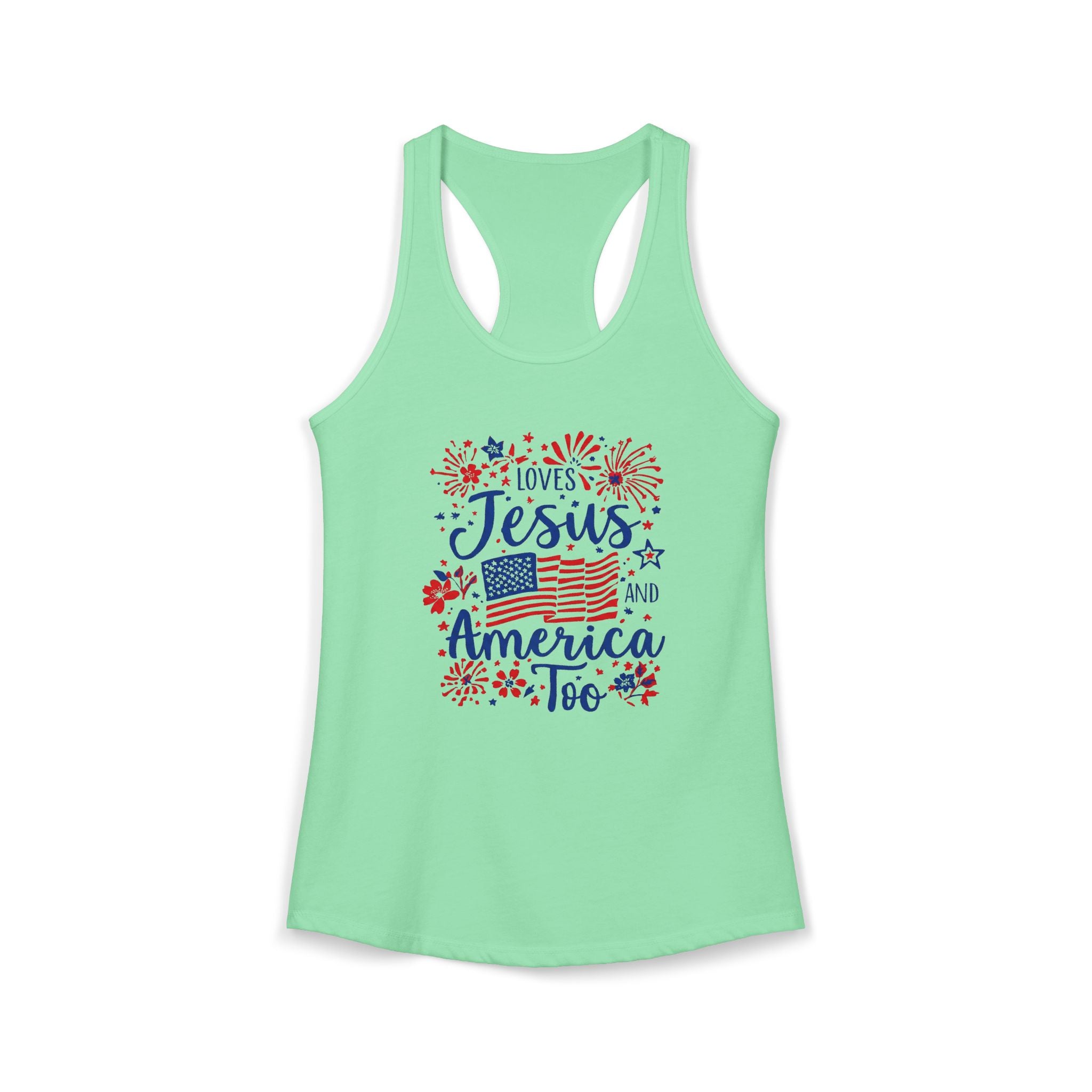 Loves Jesus and America Too Racerback Tank — Patriotic Christian Women's Tank