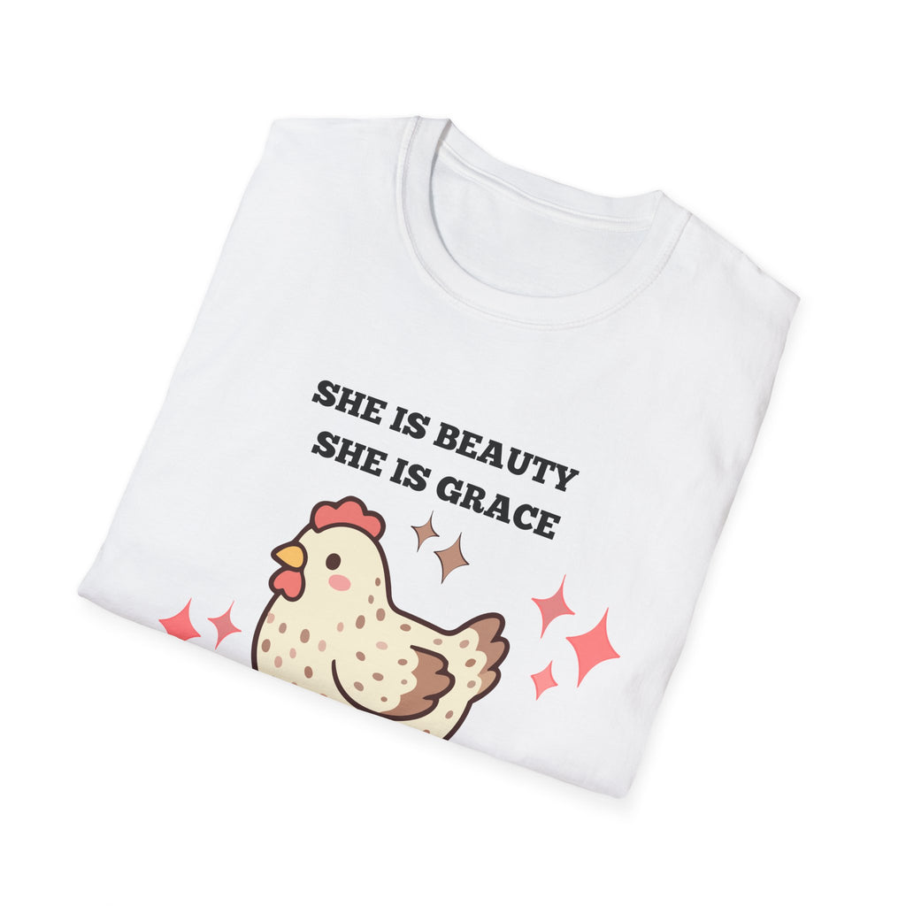 Chicken Tee — "She Is Beauty, She Is Grace, She Will Pech You in the Face" Funny Farm Animal T-Shirt