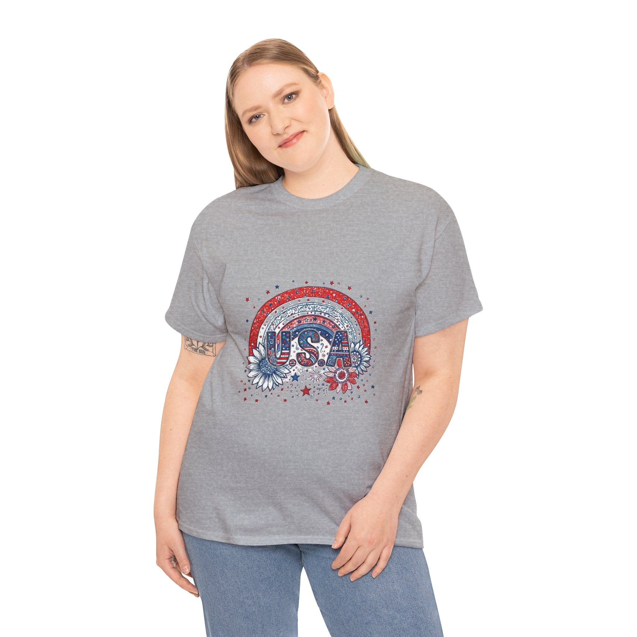 USA Retro Rainbow T-Shirt — Patriotic Fourth of July Tee with Stars & Flowers