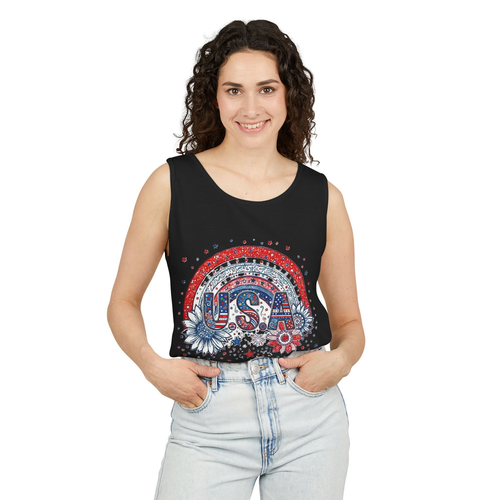 USA Rainbow Floral Tank Top — Patriotic 4th of July Sleeveless Tee