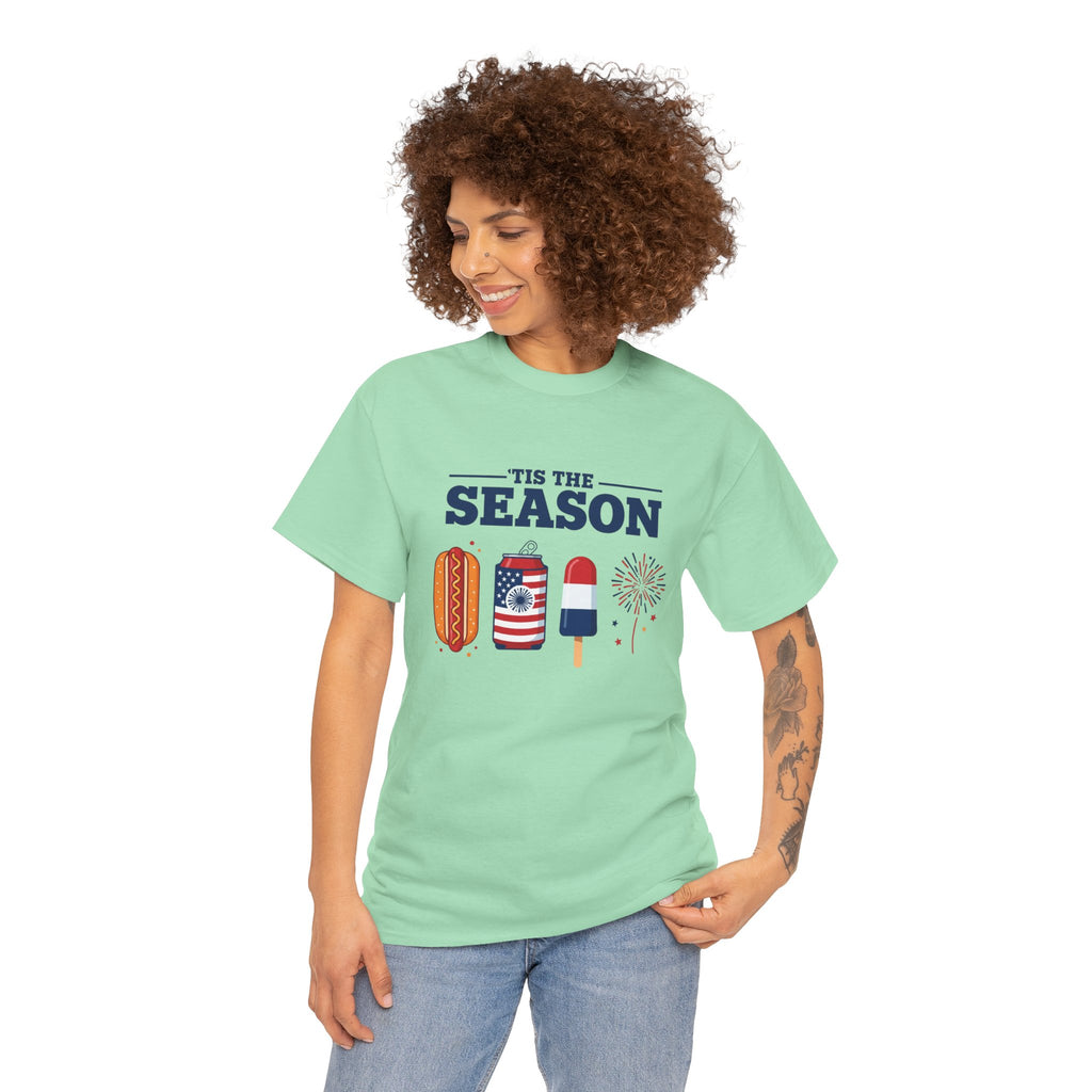 Fourth of July Tee — "'Tis the Season" Patriotic Hot Dog, Popsicle & Fireworks T-Shirt