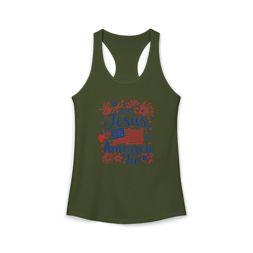 Loves Jesus and America Too Racerback Tank — Patriotic Christian Women's Tank