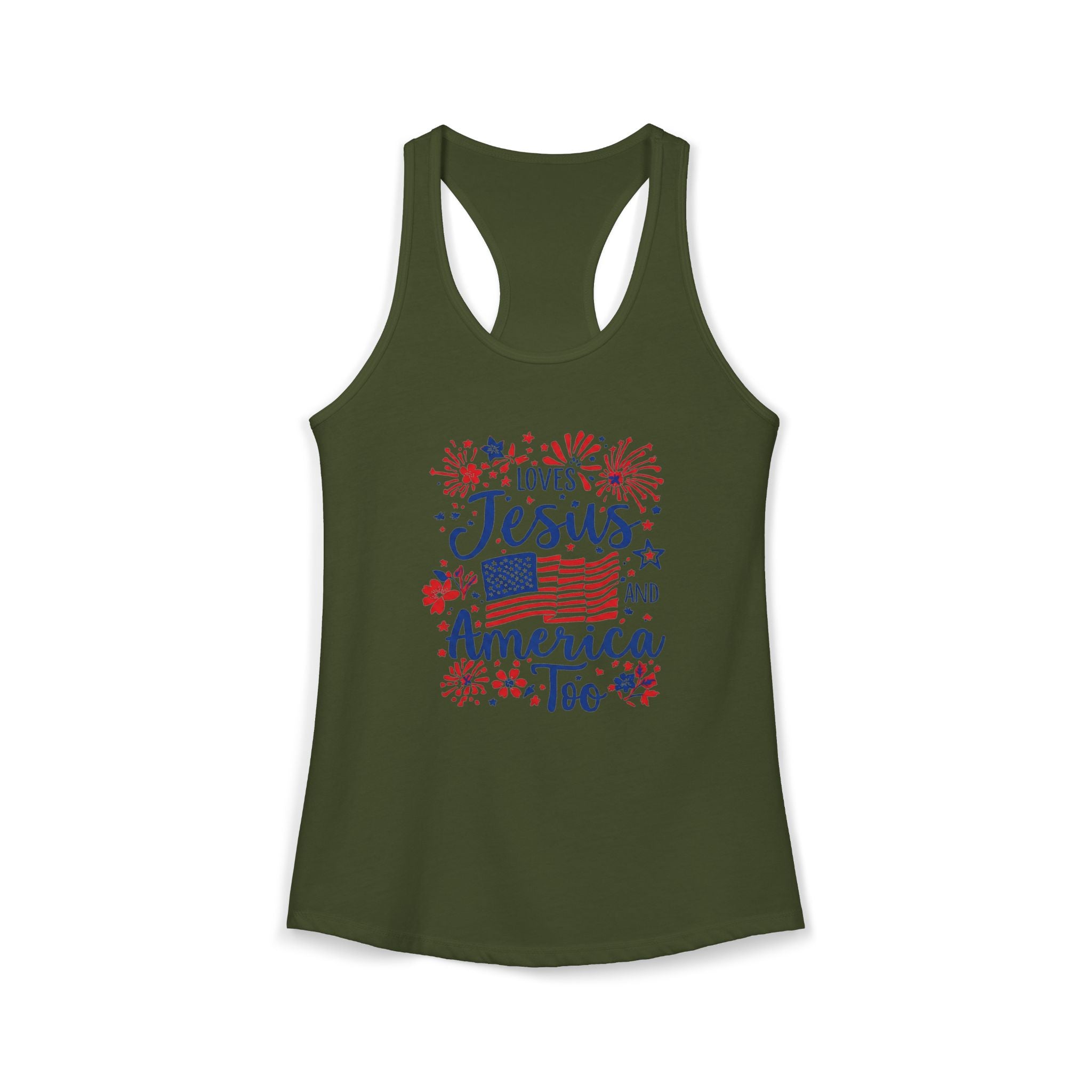 Loves Jesus and America Too Racerback Tank — Patriotic Christian Women's Tank