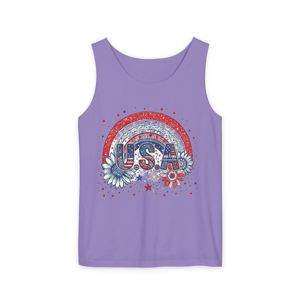 USA Rainbow Floral Tank Top — Patriotic 4th of July Sleeveless Tee